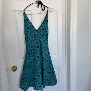 Too Fast Teal Halter Mini Dress with Black Nautical Print